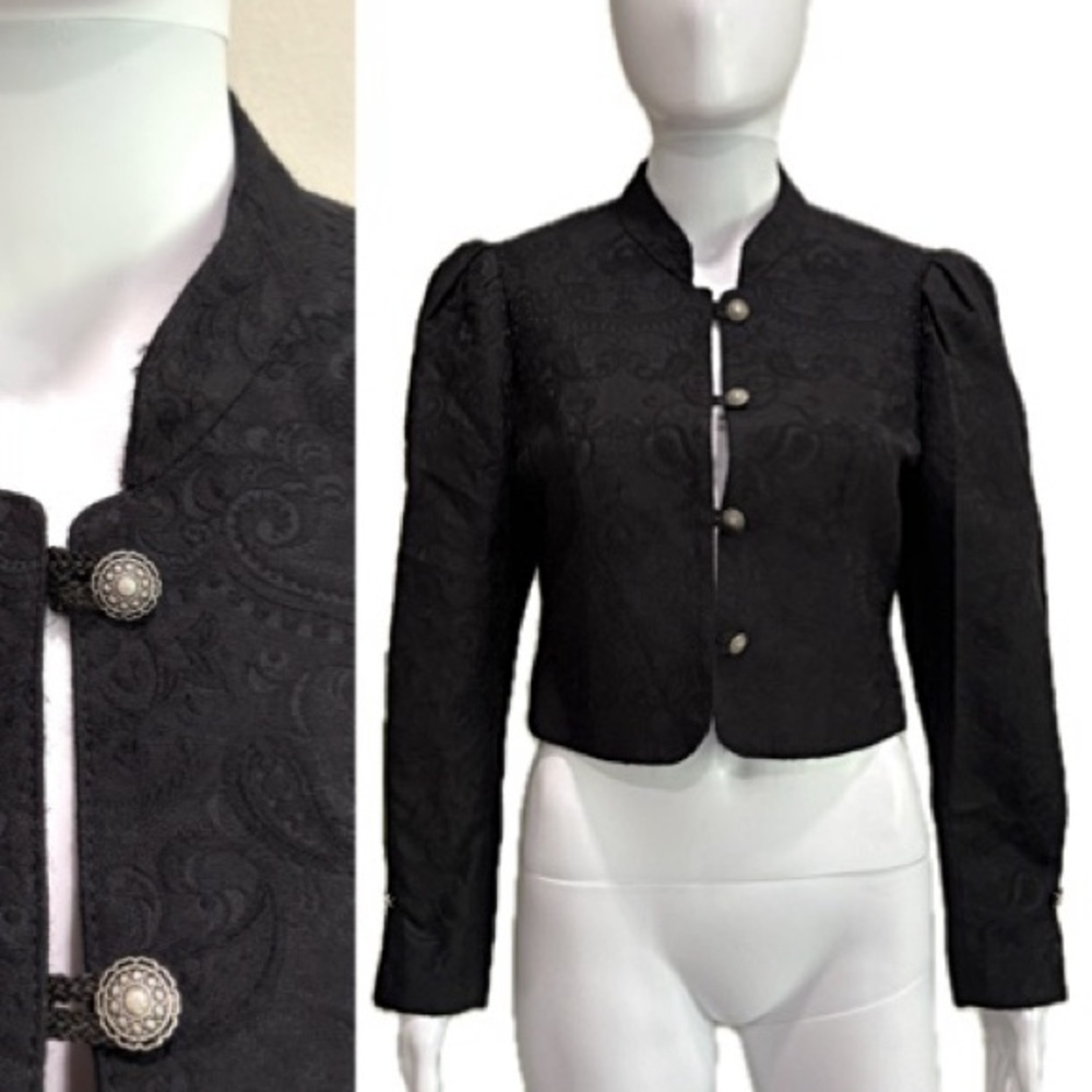 Vintage Distler Trachten Paisley Jacquard Cropped Jacket Size 38 M Black Blazer